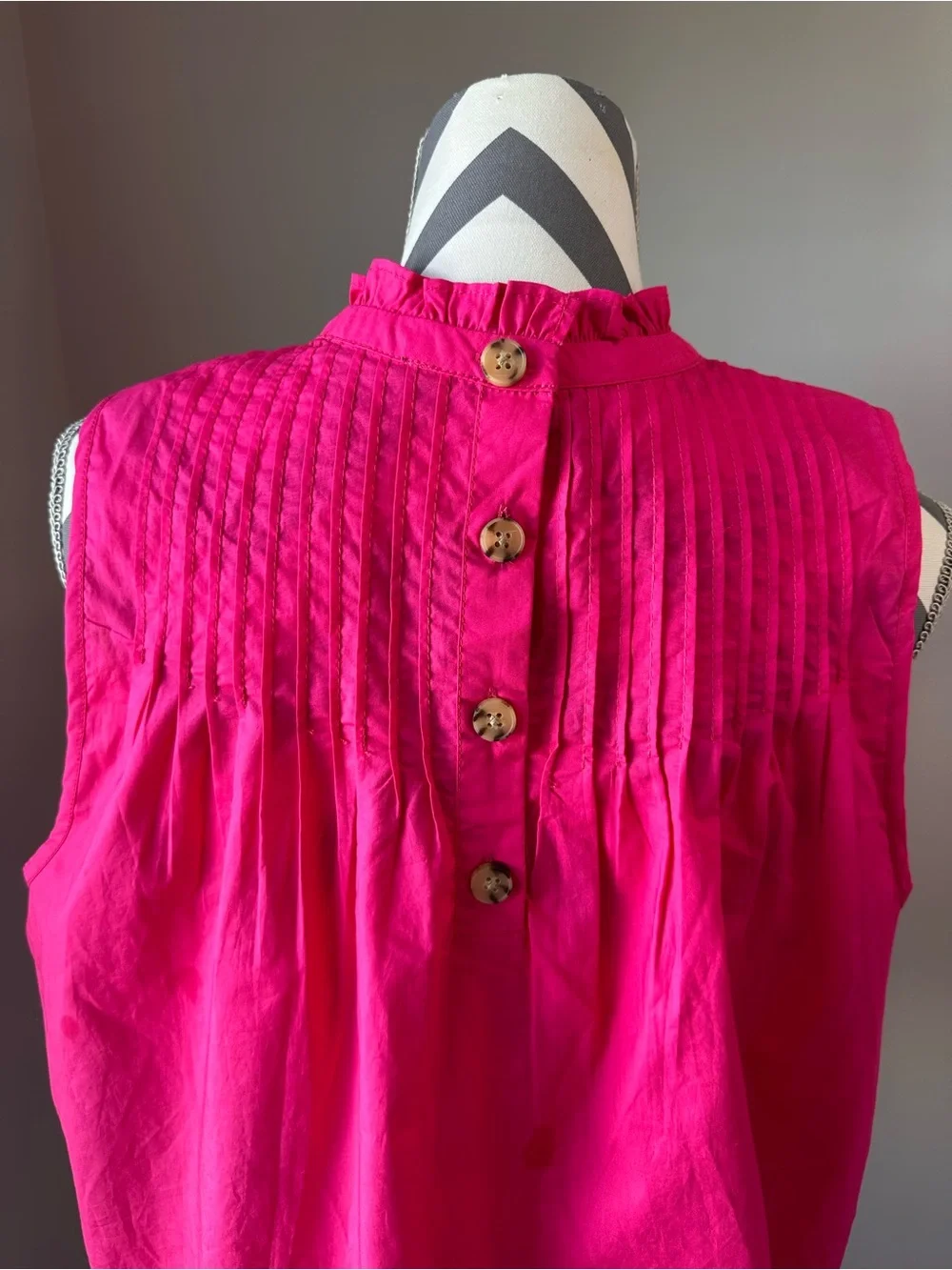 J.Crew Bright Dahlia Hot Pink Pintuck Cotton Poplin Ruffle Neck Top Blouse L NWT